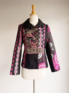 Neslay Paris Art Patchwork Blazer Jacket Embroidered Y2K Boho Small